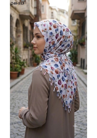 Dolce Cotton Desenli Sökme Boncuklu Eşarp 240-113 Çok Renkli