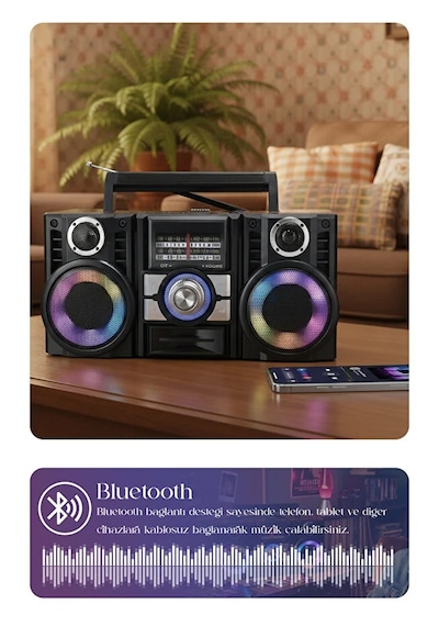 Radyo & Rgb Led Disko Işıklı Nostaljik Bluetooth Özellikli Hoparlör 4 Bantlı Şarj Edilebilir Speaker