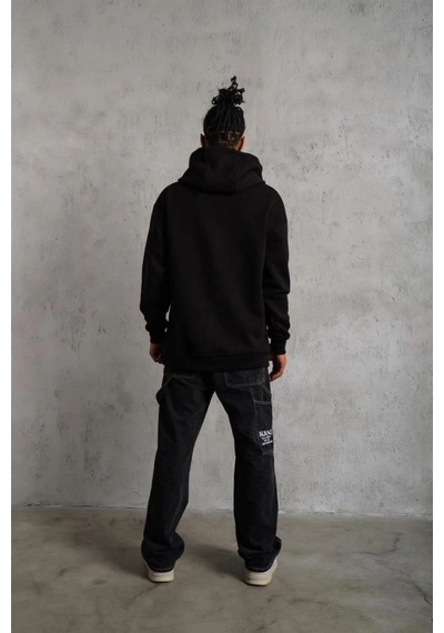 Vinevesta Erkek 3 İplik Pamuklu Kapüşonlu Cepli Düz Oversize Hoodie Sweatshirt - Siyah Çok Renkli
