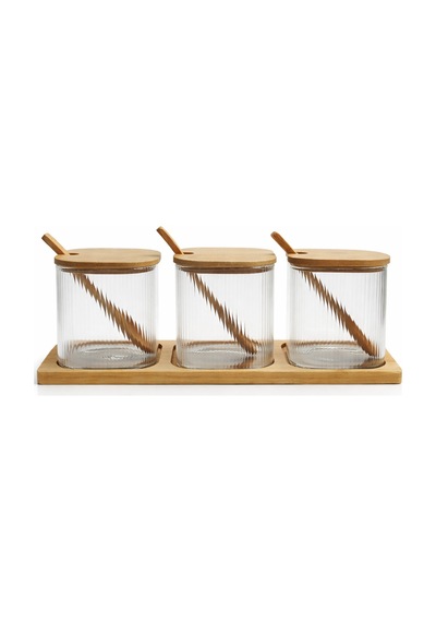 Bambu Kapaklı 3 Lü Cam Baharatlık 8x8 Cm Seti Standlı Kaşıklı Borosilikat Cam Kavanoz Seti Şeffaf
