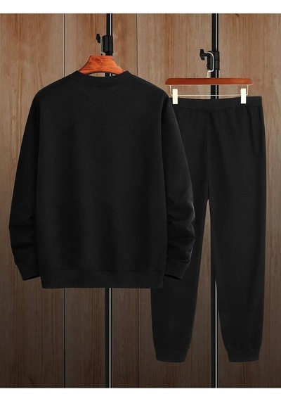 Wings Eşofman Takımı Sweatshirt Jogger - Siyah Baskılı Oversize Şardonlu Bisiklet Yaka Siyah