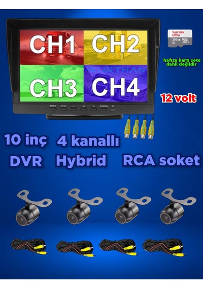 Dvr Hybrid 10'' Monitör + 4 Ad Kelebek Kamera Seti 12 V 256 Gb