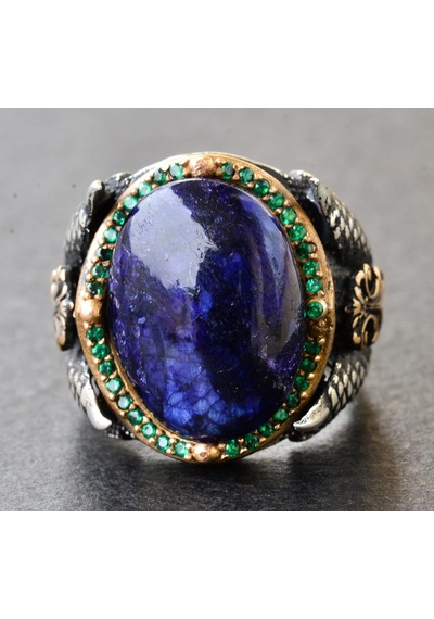 Doğal Cabochon Safir Taşlı Erkek Yüzüğü, 925 Ayar Gümüş Kartal Pençesi Tasarımı Gümüş