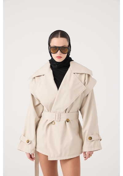 Holly Lolly Kemerli Oversize Kesim Sara Trençkot Bej