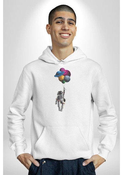 Gezegenler Balon Astronot Yükselişi Kadın Erkek Beyaz Kapüşonlu Sweatshirt Hoodie Beyaz