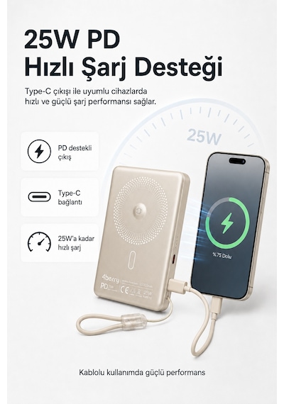Ym307 10000 Mah Manyetik Kablosuz Powerbank 25w Pd Hızlı Şarj, 15w Kablosuz Şarj Ve 360 Döner Stand Gold