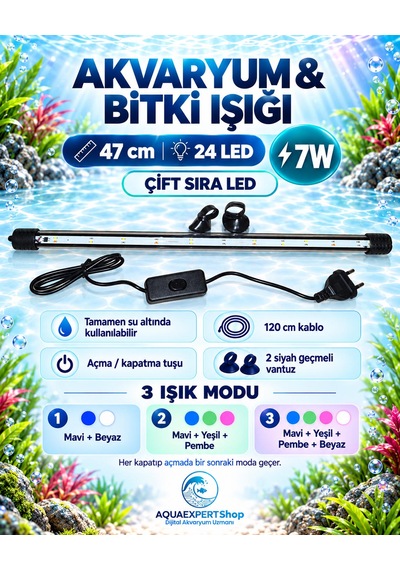 Akvaryum Işığı - Balık Işığı - Bitki Işığı - 47 Cm - 24 Led - Tamamen Su İçinde Kullanılabilir - 3 Modlu - 7w - Mükemmel Işık