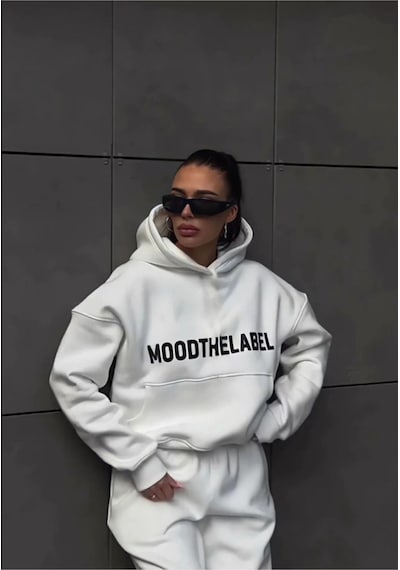 Mood The Label Kışlık Eşofman Takımı - Beyaz Baskılı Kapüşonlu Oversize Şardonlu Beyaz