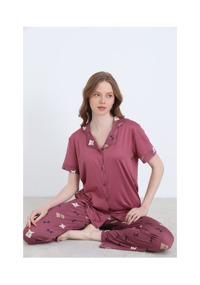 Elitol Desenli Milan Örme Kısa Kol Kadın Düğmeli Pijama Takımı Çok Renkli
