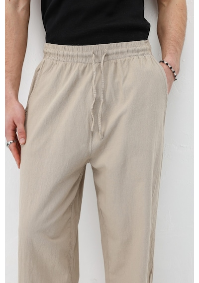 Vamos Bel Lastikli Baggy Fit Keten Pantolon Taş