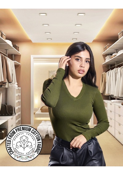 Alya Underwear Pamuklu Kaşkorse V Yaka Body Sweatshirt, Fitilli Kumaş Likralı Bluz, Asker Yeşili Badi Asker Yeşili