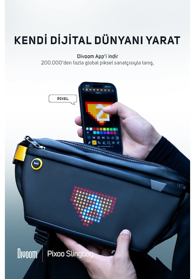Divoom Pixoo Slingbag Siyah LED Ekranlı APP Kontrollü Su Geçirmez Bel Çantası- Çapraz Çanta Siyah