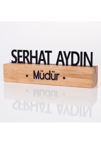 Masif Kayın Ahşap Masaüstü İsimlik Standı Siyah Akrilik Masa İsimliği
