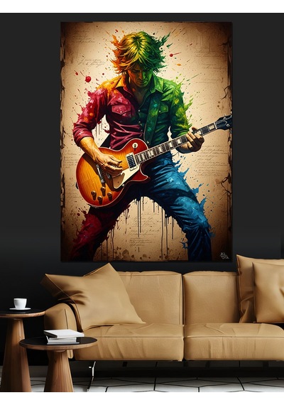 Ahşap Tablo Gitar Çalan Renkli Modern Sanatçı