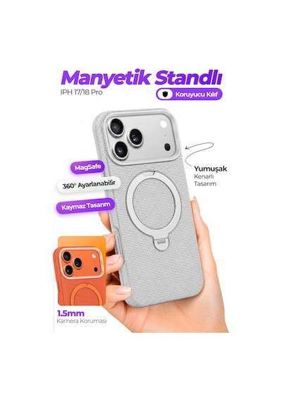 Fulltech Ftpc10 Apple iPhone Uyumlu 17 Pro  Gri Magsafe Kılıf 360 Döner Metal Halkalı Standlı Manyetik Kam