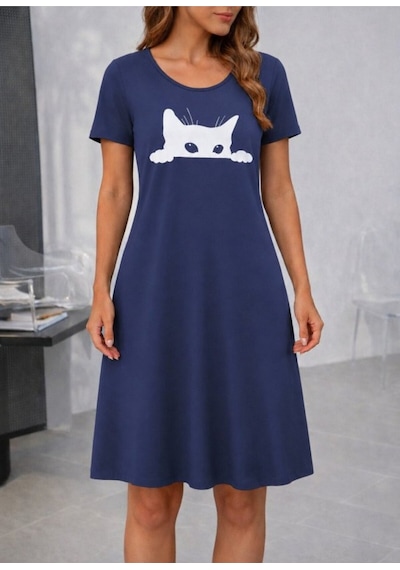 Butik İstanbul Kadın Kısa Kollu Bisiklet Yakalı Kedi Desenli Viskon Kısa Elbise Lacivert