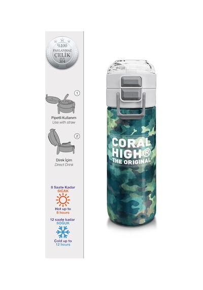 Coral High Kids Nefti Kamuflaj Desenli Pipetli Ve Direkt İçim Çelik Termos 500 Ml 31845 Kamuflaj - Gri