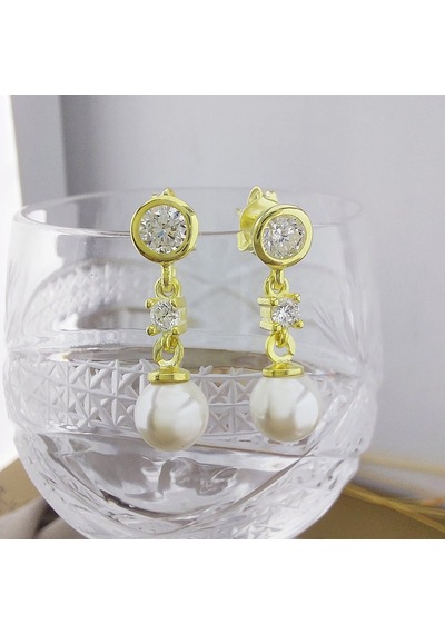 Vaoov 925 Ayar Gümüş Sallantılı Taşlı Gold İnci Küpe