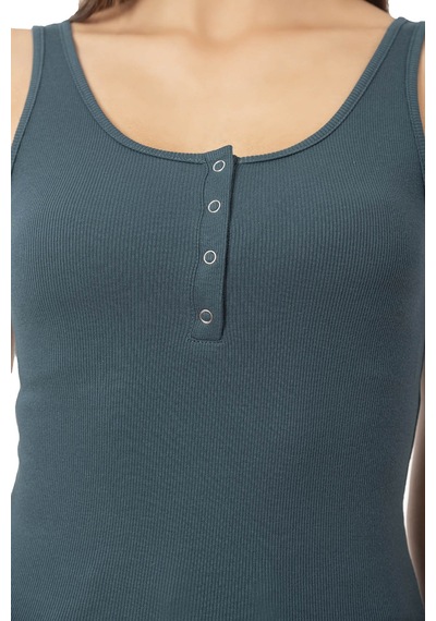 Özkan Underwear Özkan 27063 Kadın Pamuklu Likralı Kaşkorse Fitilli Esnek Rahat Önü Patlı Kalın Askılı Örme Atlet Yeşil