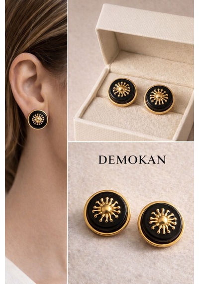 Kadın Küpe Vintage Düğme Model Gold Sun Küpe Siyah