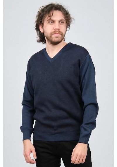 Ateş Triko Erkek V Yaka Desenli Yün Kazak 6091746 Indigo Indigo İndigo