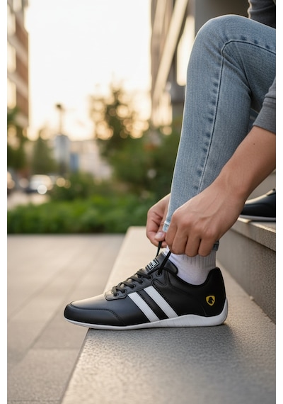 Enoch Ferrari Motosport İnce Tabanlı Sneaker Spor Siyah - Beyaz