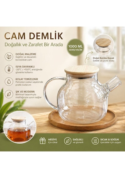 Kulplu Süzgeçli Isıya Dayanıklı Borosilikat 1000 Ml Cam Demlik Vakumlu Bambu Kapak Diğer