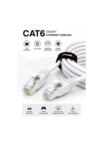 Fury Cat6 Ethernet Kablosu 20 Metre Rj45 Lan İnternet Modem Router Bilgisayar Kablosu
