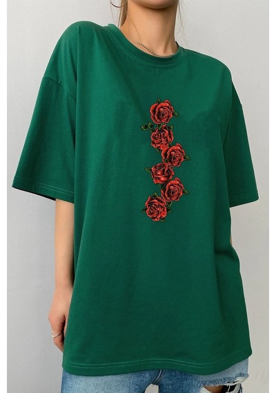 Unisex Rose Baskılı T-shirt Yeşil