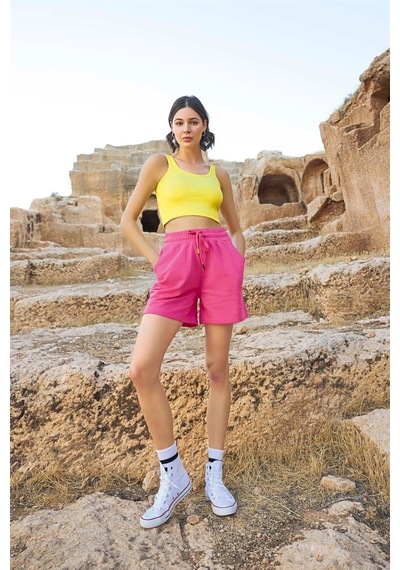 Monamise Kadın Kısa Kollu "calm Down" 3'lü Crop Şort Takımı 23088-pembe Pembe
