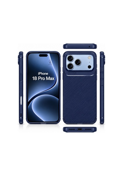 Apple İphone 18 Pro İle Uyumlu Karbon Tasarım Silikon Telefon Kılıfı Ve Temperli Cam Ekran Koruyucu Lacivert