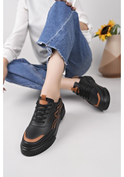 Nesilshoes Nesil Shoes Comfo 101 Siyah Taba Hakiki Soft Deri Kadın Sneakers