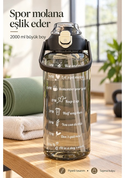 Madamev 3lü Motivasyonel Suluk Matara Seti 2000+750+280ml Pipetli Sticker Askılı Spor Okul Su Şişesi Siyah