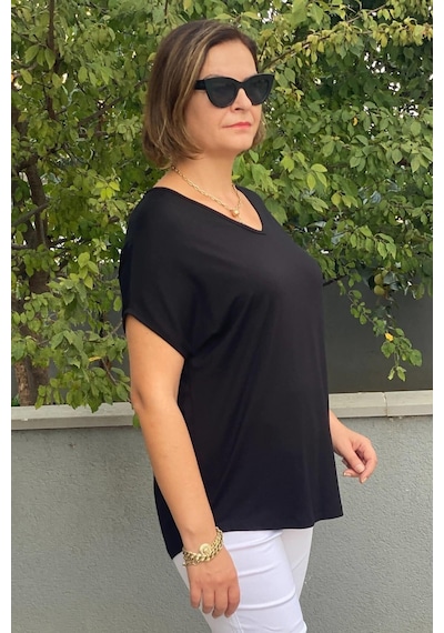 Mia Butik Büyük Beden Siyah Minnoş Bluz -1490 Siyah