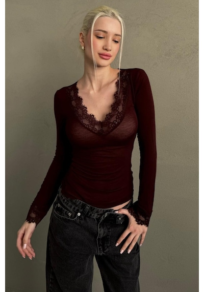 Madmext Bordo V Yaka Dantelli Transparan Kadın Bluz Mg2662 bordo