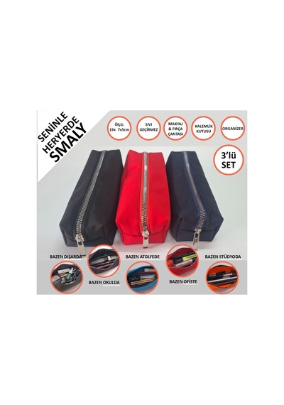 Kalemlik 3lü Set/paket Organizer Makyaj Çok Amaçlı Pinterest Okula Dönüş Çantası Tek Bölmeli Siyah+kırmızı+lacivert