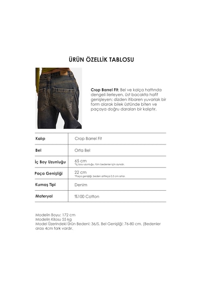 Kadın T.kot Rengi 2w6-64 Crop Barrel Fit Özel Tasarım Denim Jean