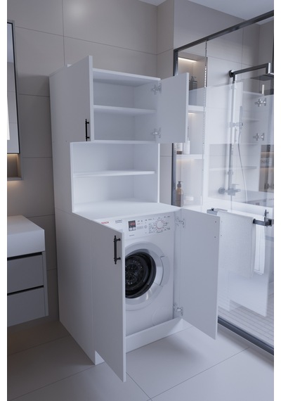 Leylak Çamaşır Makinesi Dolabı Çok Amaçlı Kapaklı Banyo Dolabı Çamaşır Odası Dolabı Beyaz