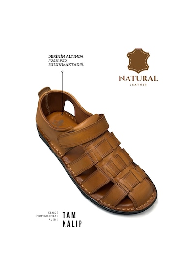 Sermoda %100 Hakiki Deri Burnu Kapalı Erkek Sandalet Taba