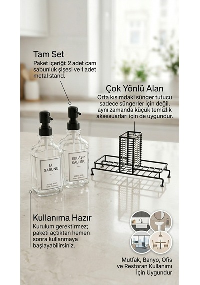 Makri Home Premium Stantlı Cam Sıvı Sabunluk & Deterjanlık Seti İkili Süngerlik Bölmeli Siyah