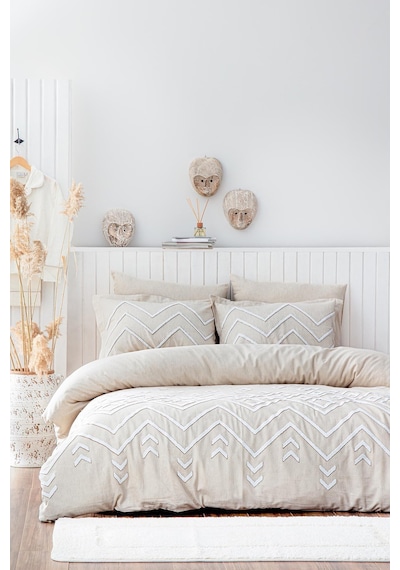 Ecocotton Talya Krem/bej Çift Kişilik %100 Organik Pamuk Keten Panç Nakışlı Nevresim Takımı Krem - Bej