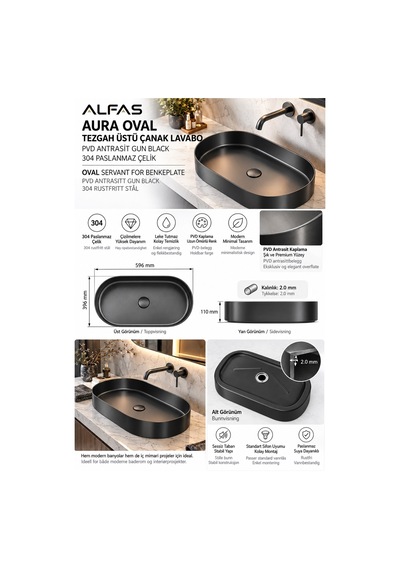 Alfas Aura Oval 60 Cm Pvd Antrasit Tezgah Üstü Çanak Lavabo 304 Paslanmaz Çelik Gun Black 2.0mm