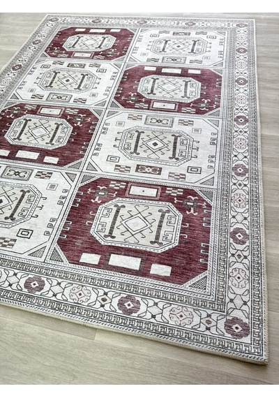 Geometrik Panel Desenli Krem Ve Bordo Etnik Halı - Ar848cr Krem - Bordo