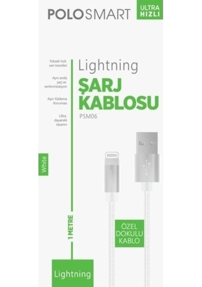 Polosmart Psm06 Lightning Hızlı Şarj Kablosu Beyaz 1 Metre