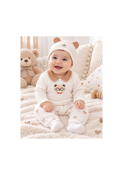 Eray Alp Kids Erkek Bebek Ayıcık Baskılı 10'lu Erkek Müslin Hastane Çıkışı Zıbın Seti Kahverengi
