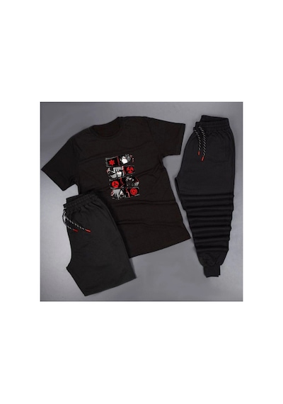 Anime Sharingan Baskılı Unisex Yazlık Şort - Normal Kalıp Tişört - Eşofman Altı Komb Siyah
