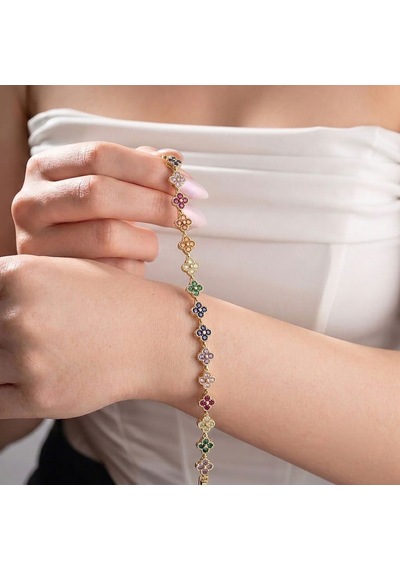 Premium Parlak Altın Renk 5 Mm Çakra Taşlı Çiçek Model Kadın Bijuteri Bileklik 3183kbv6d7 18cm