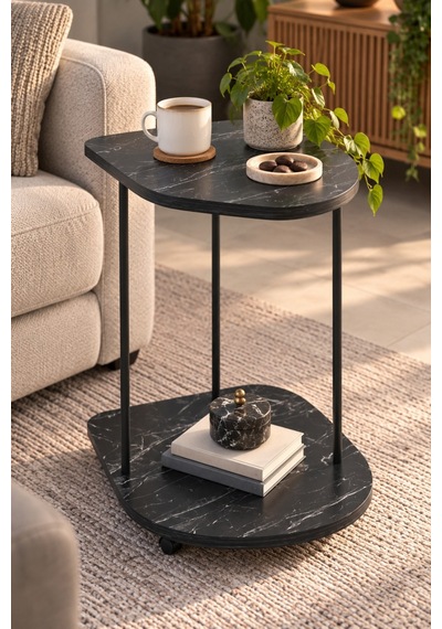 Sulorahome Tekerlekli Oval Servis Sehpası Siyah Mermer Desenli
