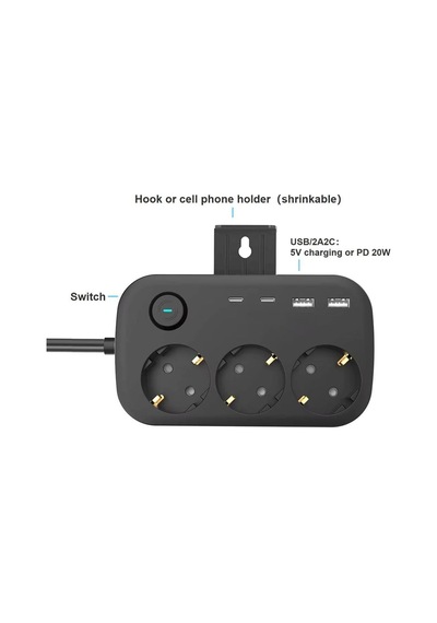 Isı Dayanıklı Duvar Askılı Telefon Tutucu 3'lü Priz 2xusb 2xtype-c Çıkış Anahtarlı Priz Uzatma Kablo 2 M