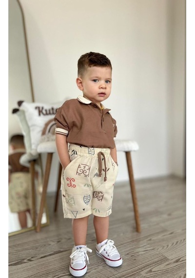 Miniğimin Cicileri Müslim Lacost Yaka Şortlu Etnik Desen Erkek 2 Li Takım - Kahverengi Kahverengi